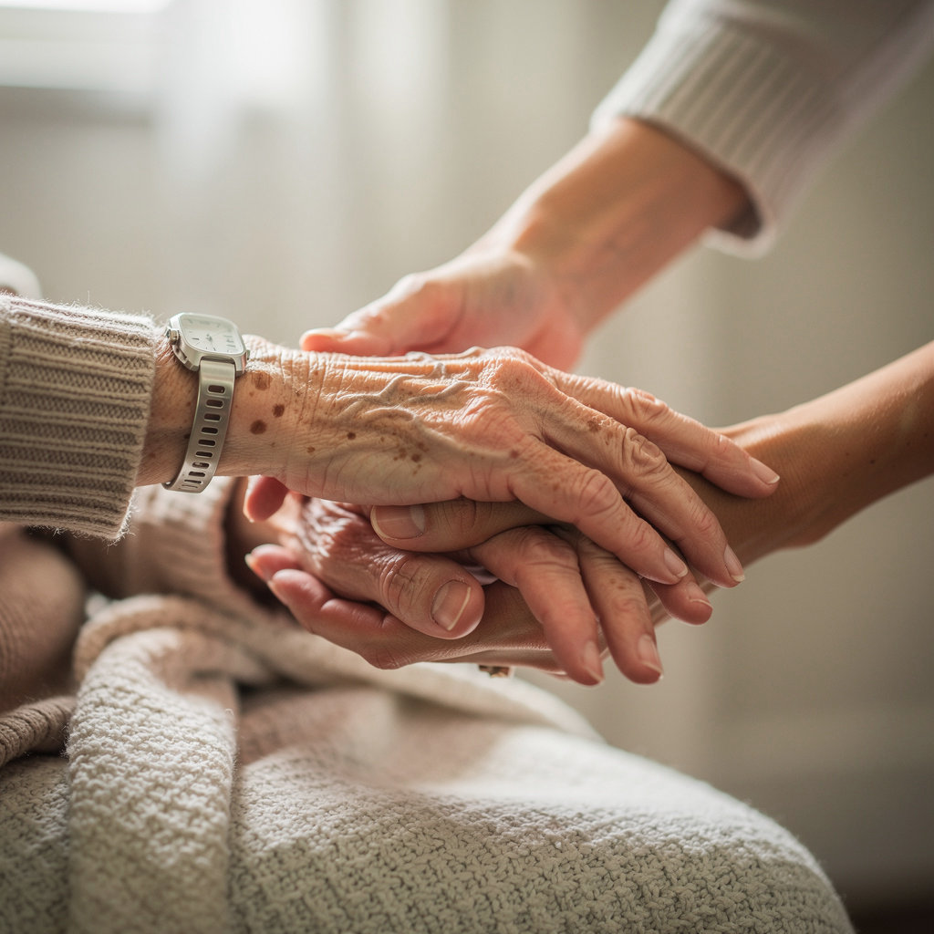 Acorn Oaks Manor compassionate caregiver assisting a senior resident in a warm, residential setting in San Diego